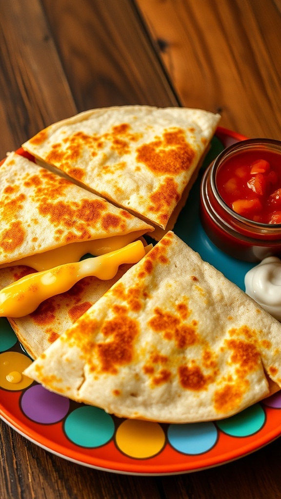 A crispy cheese quesadilla cut into wedges with melted cheese, served with salsa and sour cream on a wooden table.